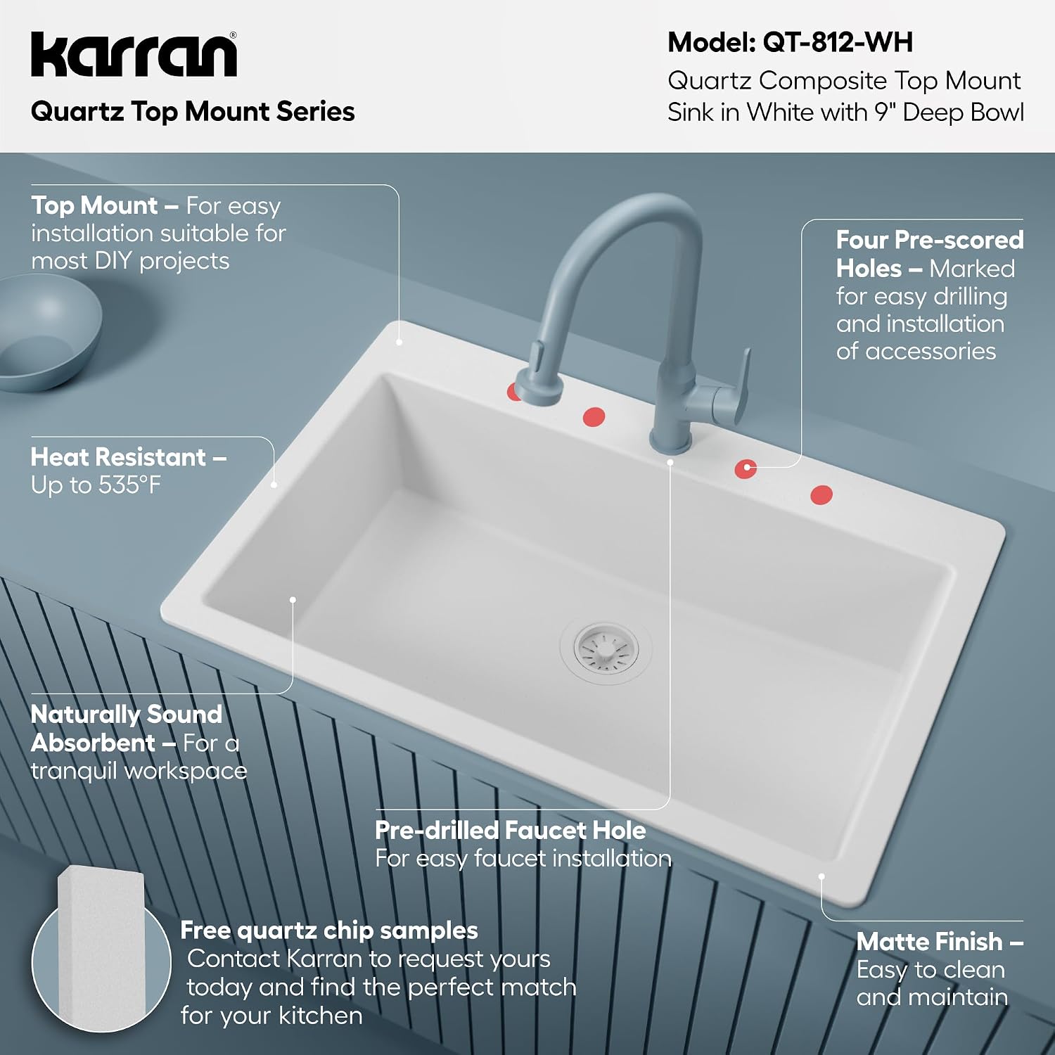Karran 33' Drop-In Top Mount Quartz Composite Single Bowl Kitchen Sink in White – Extra Deep 9' Basin, Heat Resistant, Sound Dampening, Easy Clean Surface
