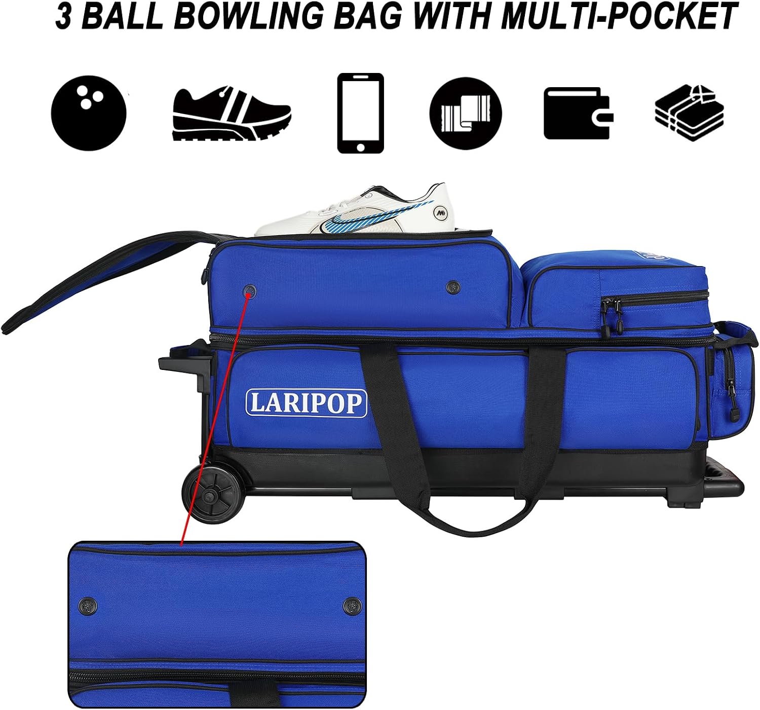 LARIPOP 3 Ball Bowling Bag with Wheels and Shoe Compartment, Rolling Bowling Bag for 3 Balls, Heavy Duty Bowling Roller Bag with Retractable Handle for Men Women