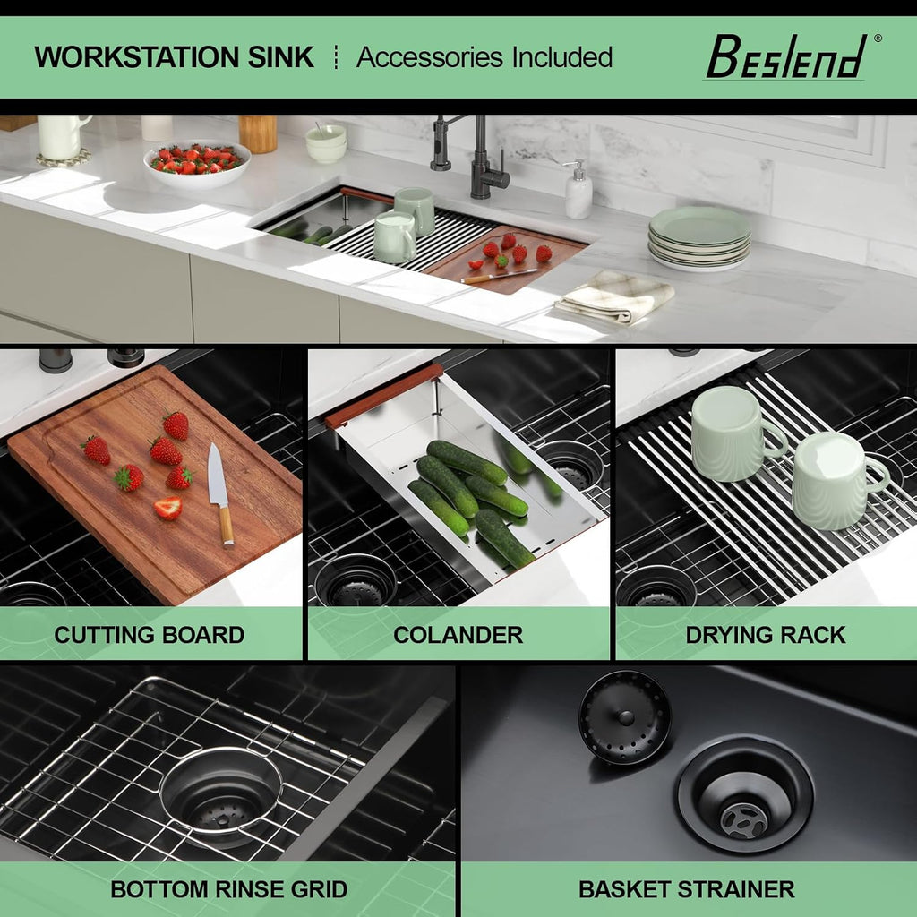 33 Black Undermount Kitchen Sink - 33x19 Gunmetal Black Double Bowl Kitchen Sinks Workstation 16 Gauge Stainless Steel Sink Low Divide Double Basin 50/50