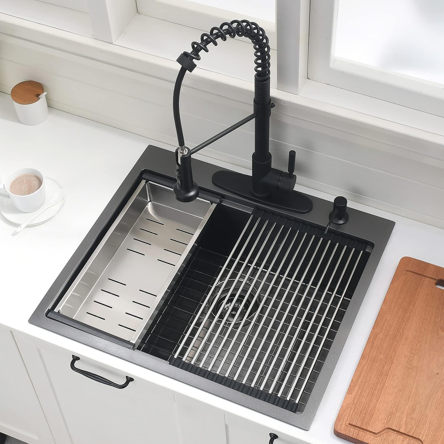 25 Inch Drop In Kitchen Sink Black - VOKIM 25x22-Inch Drop In/Topmount sink Workstation 16 Gauge Stainless Steel 10'' Deep Single Bowl Handmade Kitchen Sink with Cutting Board& Strainer