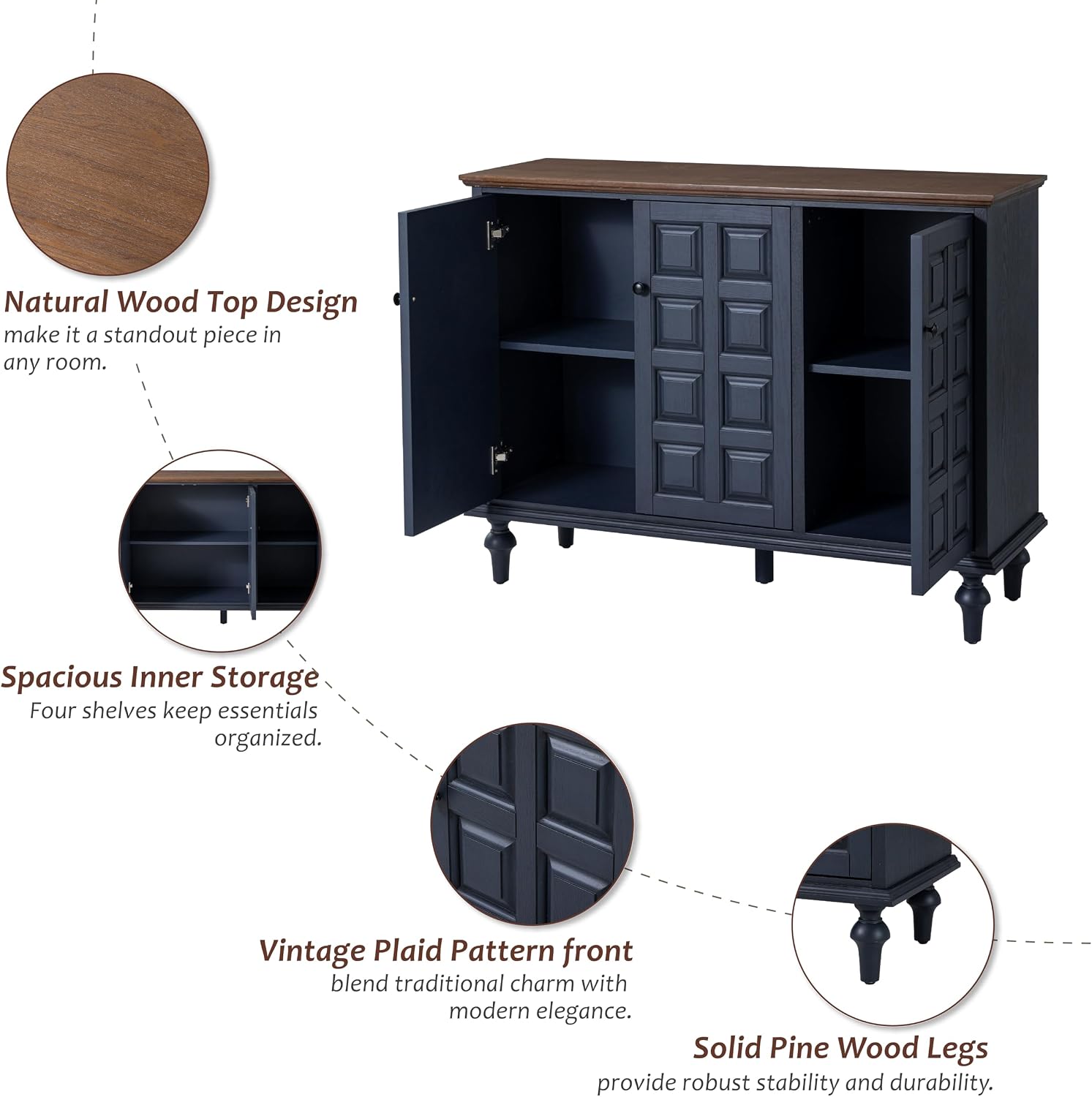 Aoikax Retro 3 Door Storage Cabinet with Plaid Pattern Front, Rustic Side Table for Bedroom, Living Room, Handles, Four Shelves, Pine Wood, Natural Wood, Dark Blue