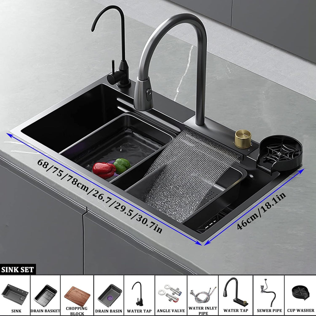 304 Stainless Steel Kitchen Sink Multi-Purpose Single Bowl Bar Prep Sink Home RV Sink with Faucet Drain Assembly Cup Washer Drop in Or Under Mount (Color : Black, Size : 78x46x22cm) (Black 75x46x