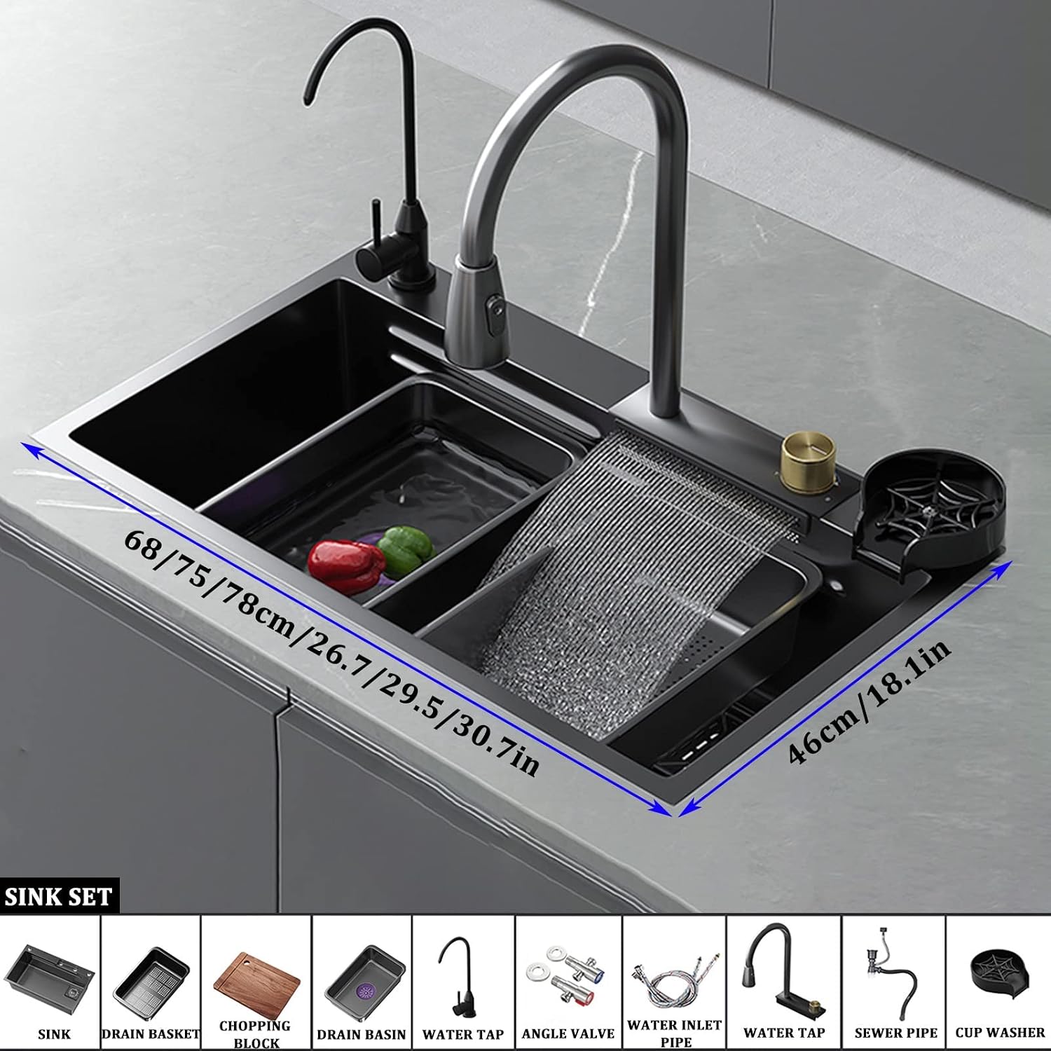 304 Stainless Steel Kitchen Sink Multi-Purpose Single Bowl Bar Prep Sink Home RV Sink with Faucet Drain Assembly Cup Washer Drop in Or Under Mount (Color : Black, Size : 78x46x22cm) (Black 75x46x