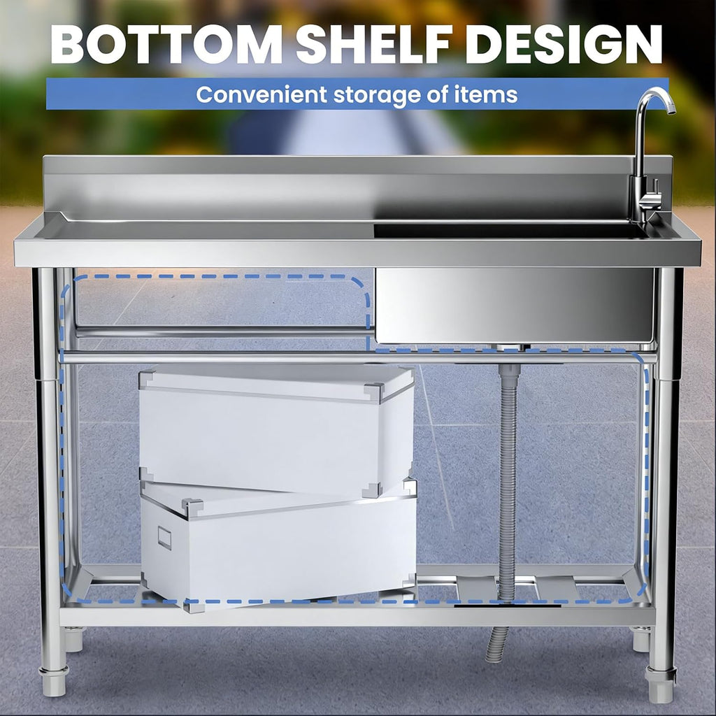 Stainless Steel Utility Sink, 47.3'x18.5'x37'Free Standing Single Bowl Commercial Kitchen Sink with Faucet, NSF - Basin Workbench with Hot & Cold Water Pipe for Garage Restaurant Laundry