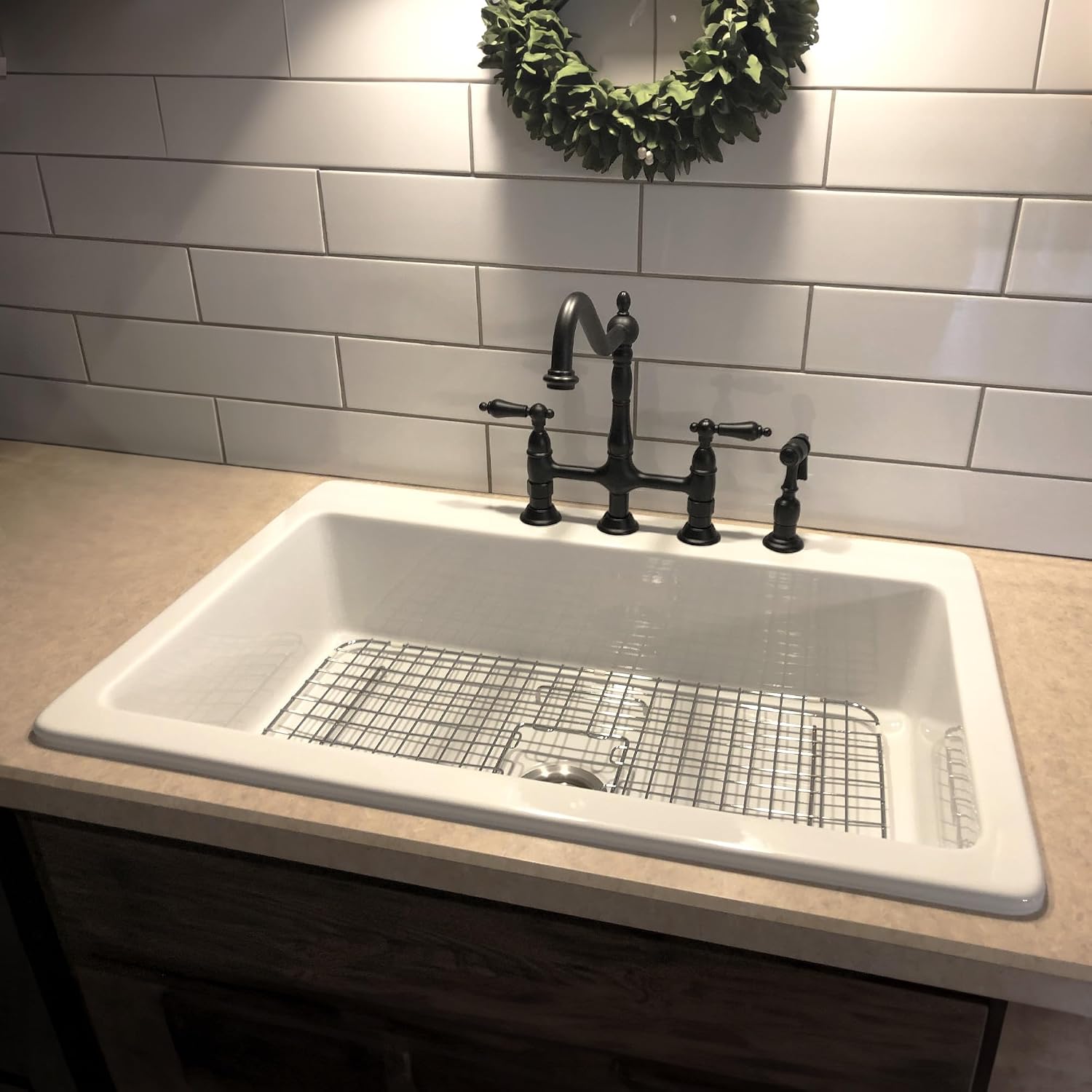 Sinkology Jackson 33 Inch White Fireclay Drop-In Kitchen Sink, Single Bowl, 4 Faucet Holes, Fits 36 Inch Cabinet, Surefire Finish