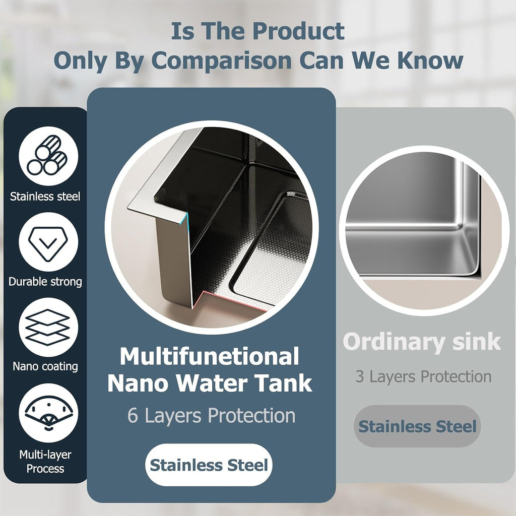 Single Bowl Kitchen Sink Stainless Steel Waterfall Sink with 3 in 1Pull-Out Tap, Chopping Board, and Cup Washer Multi-Functional Bar Sink Drop-in Or Undermount Installation(68x46cm)