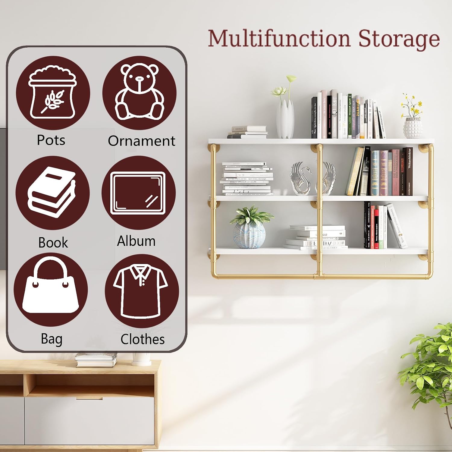HOMEKAYT 48'' Industrial Pipe Shelving Floating Wall Shelves 3 Tier Gold Shelves Multiple Use for Kitchen, Bedroom,Living Room,Bathroom