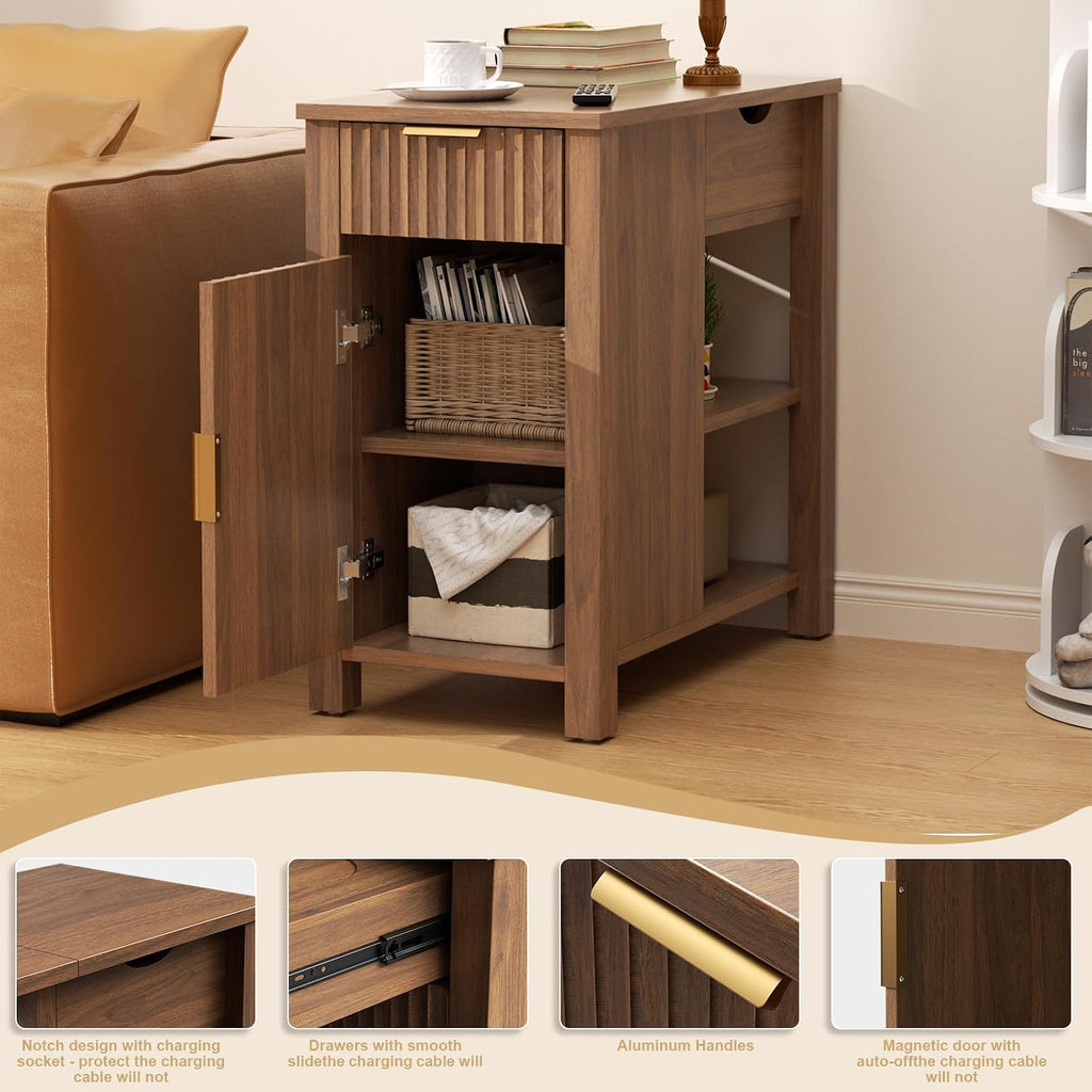 End Table with Charging Station 24'' Nightstand with Charging Station Vintage Side Table with Storage Wooden Sofa Side Table and Outlets Bedside Table for Living Room Office Bedroom (Brown)