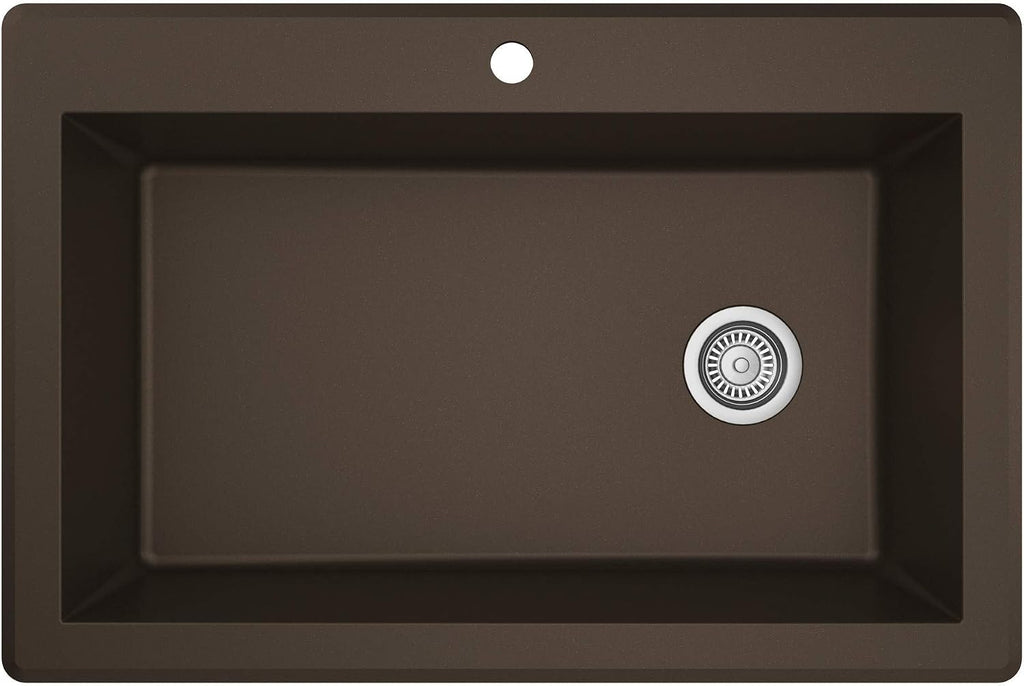 Karran QT-670 Drop-In/Top Mount 33' Single Bowl Granite Quartz Composite Kitchen Sink in Brown Right Side Drain, Extra Deep 9' Basin, Heat & Scratch Resistant, Sound Dampening