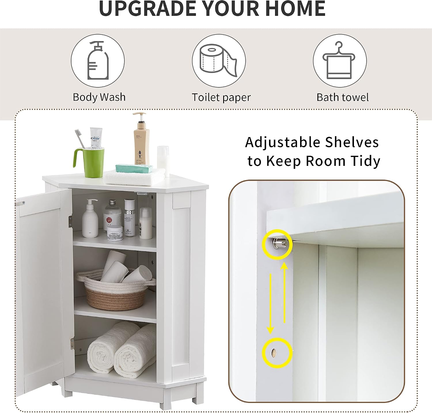 Merax Corner Cabinet White Bathroom Floor Storage with Adjustable Shelves for Kitchen, Living Room