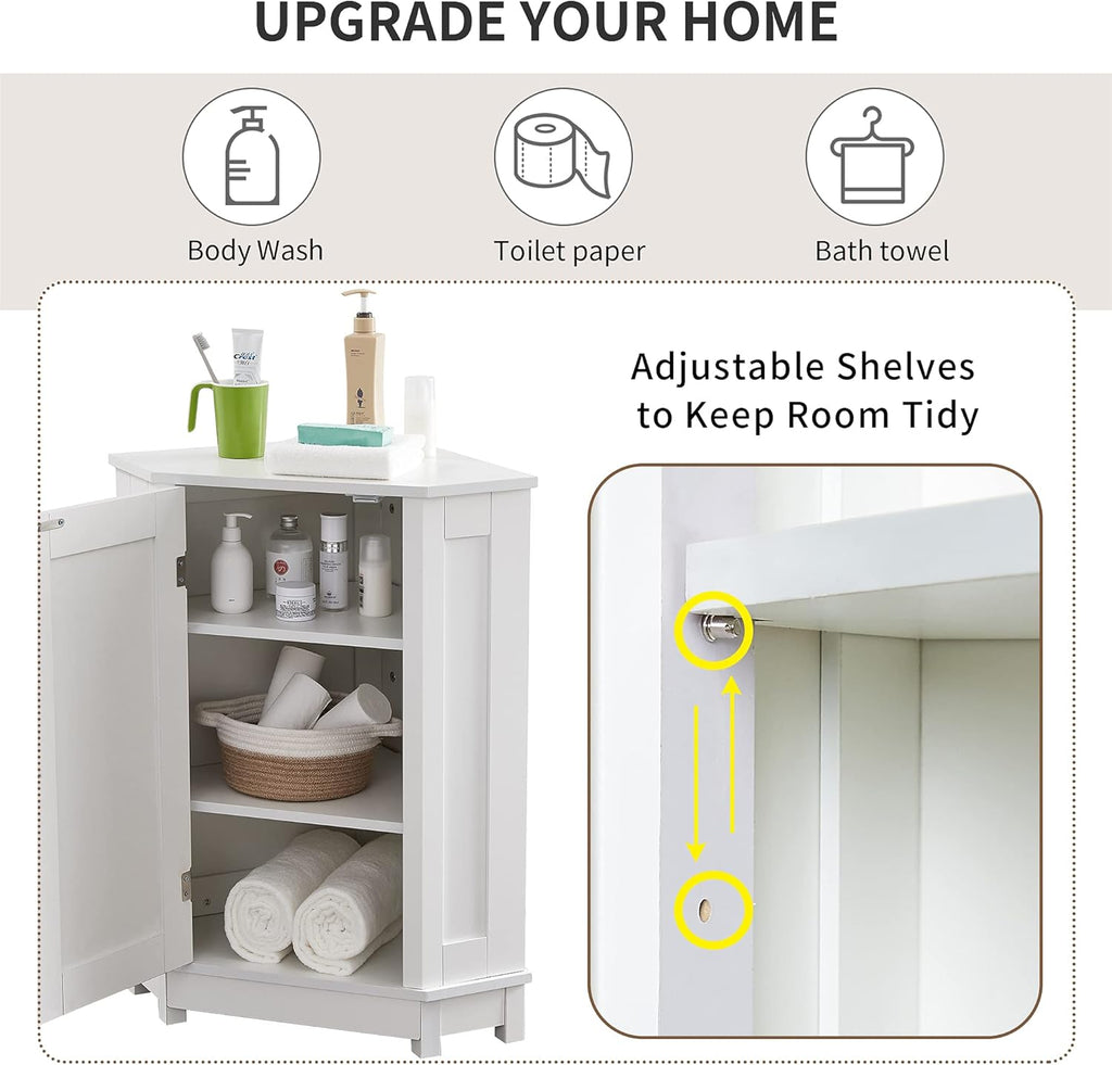 Bellemave Corner Bathroom Cabinet with Door and 2-Tier Adjustable Shelves, Floor Corner Storage Cabinet, Triangle Short Cabinets for Bathroom, Living Room (White)