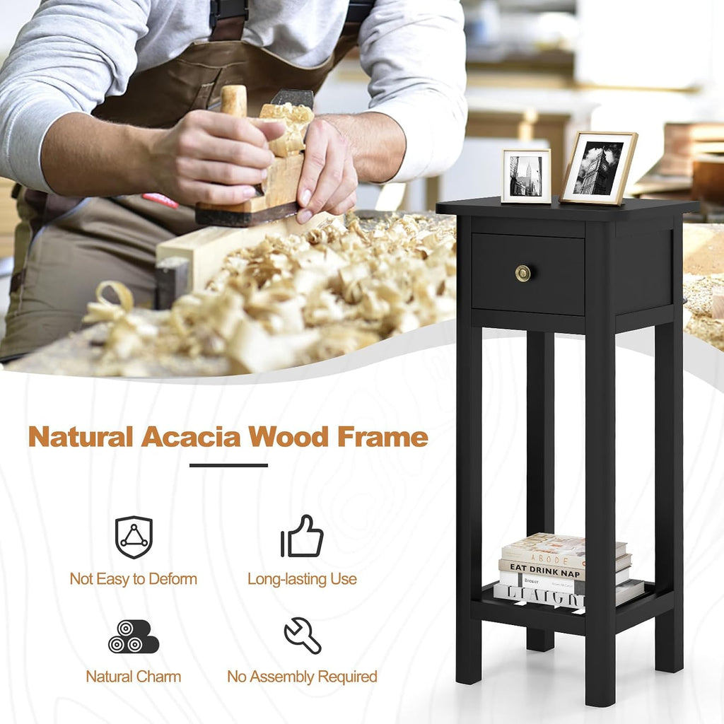 GOFLAME Narrow Side Table Set of 2, Small End Table with Drawer & Shelf, Farmhouse Acacia Wood Tall Sofa Side Table, Slim Nightstand Bedside Table for Small Space Living Room, No Assembly, Black
