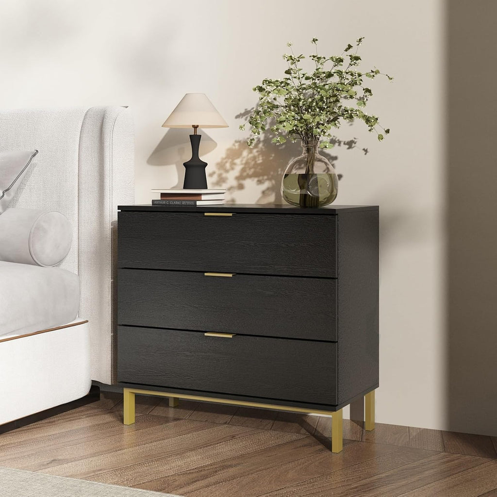 Large Black Nightstand Modern End Table with 3 Drawers, Gold Metal Handles & Legs, Bed Side Table for Living Room, Black and Gold, 31.5'W x 15.7'D x 29.5'H