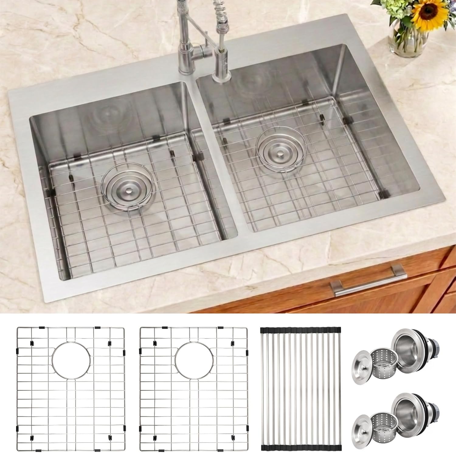 33 X 22 inch Drop in Kitchen Sinks Double Bowl,16 Gauge Stainless Steel 50/50 Double Sink,Top Mount/Drop In Double Kitchen Sink 33 inch