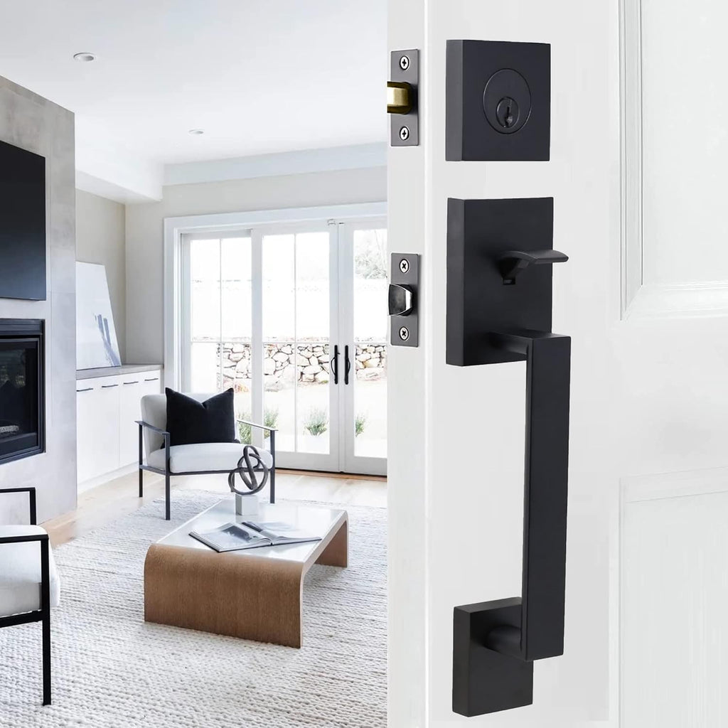 Weslock Brookside Single Cylinder Low Profile Front Lock Handleset with Door Handle Mesa Knob Matte Black