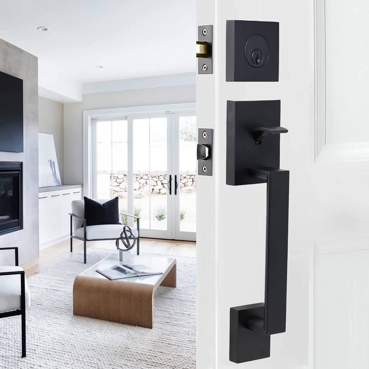 Weslock Brookside Single Cylinder Low Profile Front Lock Handleset with Door Handle Mesa Knob Matte Black