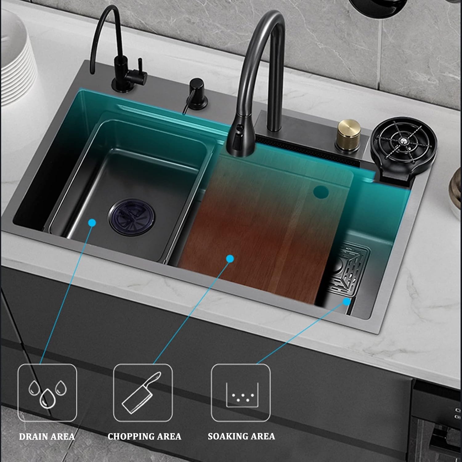 304 Stainless Steel Bar Sink Nano Single Bowl Kitchen Sink Multi-Function RV Sink with Faucet and Cup Washer Drop in Or Under Mount (Color : Grey, Size : 68x45x21cm) (Gun Grey 68x45x21cm)