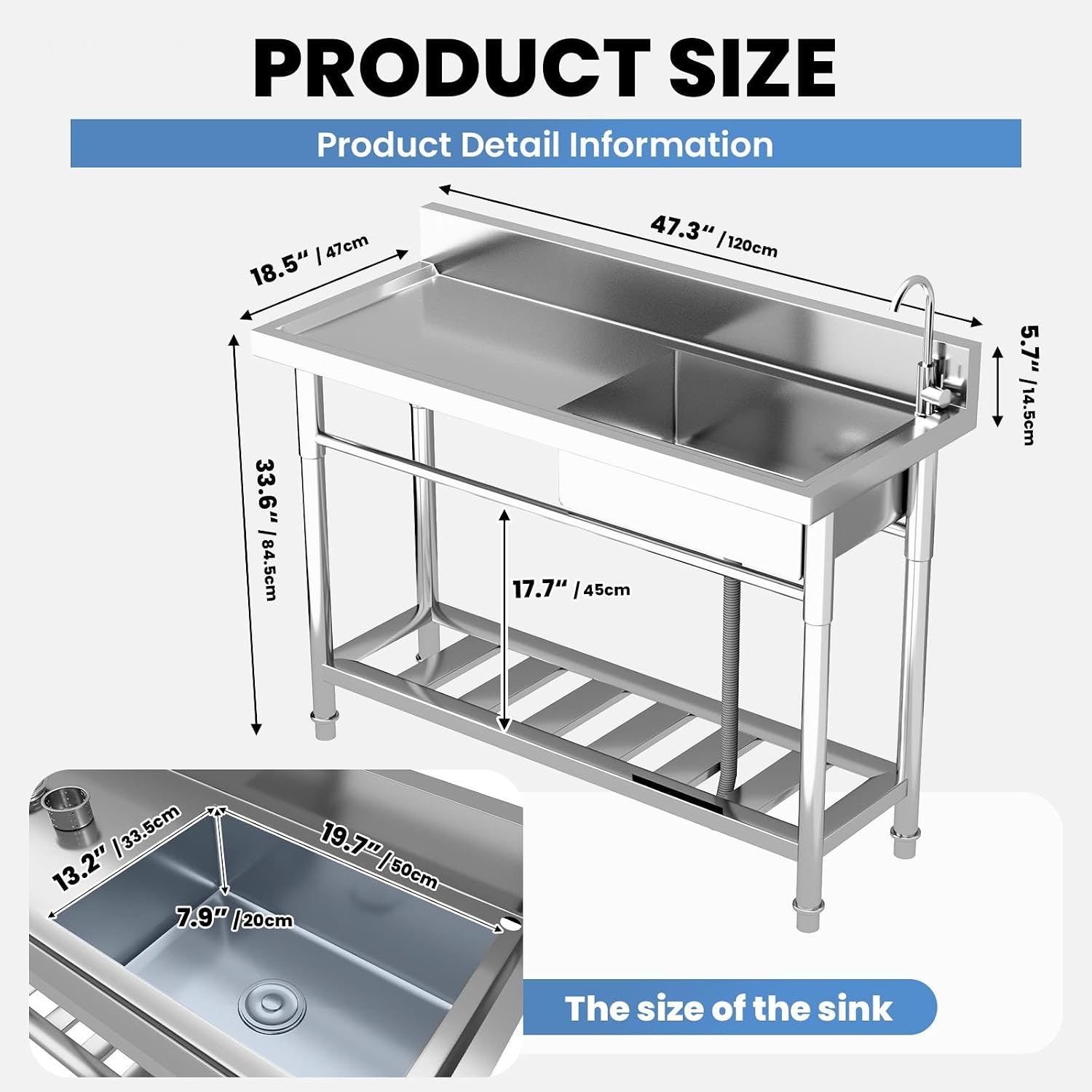286lbs High-Traffic Utility Sink,Stainless Steel Outdoor Sink With Drain – Stainless Steel Utility Sink, Sink Portable For Backyard Parties/Commercial Prep(360 Degree Swivel Rust Proof Faucet)