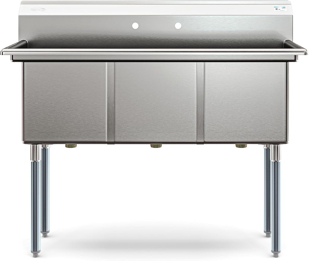 KoolMore 51 in. Three Compartment 16-Gauge Stainless-Steel Commercial Kitchen Sink, Bowl Size 15x15x14, with Three Basins for Washing and Rinsing Dishes and Pre-Drilled Faucet Holes (KM-SC151514-N316)