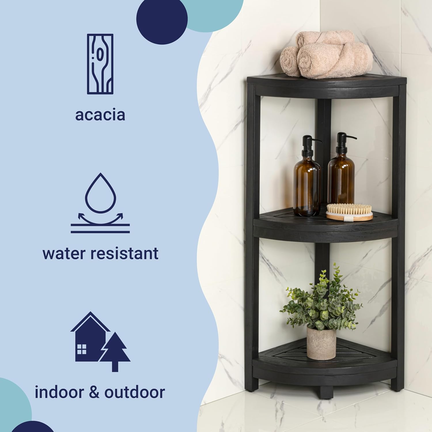 happimess SHF1000B Sela 33' Classic Minimalist 3-Tier Acacia Wood Freestanding Bathroom Corner Shelf, Shower Organizer, Storage Rack for Bath, Office, Kitchen Desktop, Black