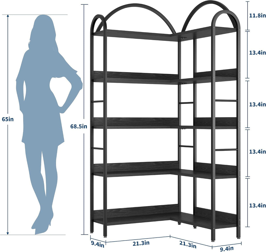 GarveeHome Arched Bookshelf Corner Bookcase, L Shaped Bookshelf Industrial Corner Bookshelves, Large Bookcase with Metal Frame, Corner Shelf Arch Display Rack for Living Room Bedroom