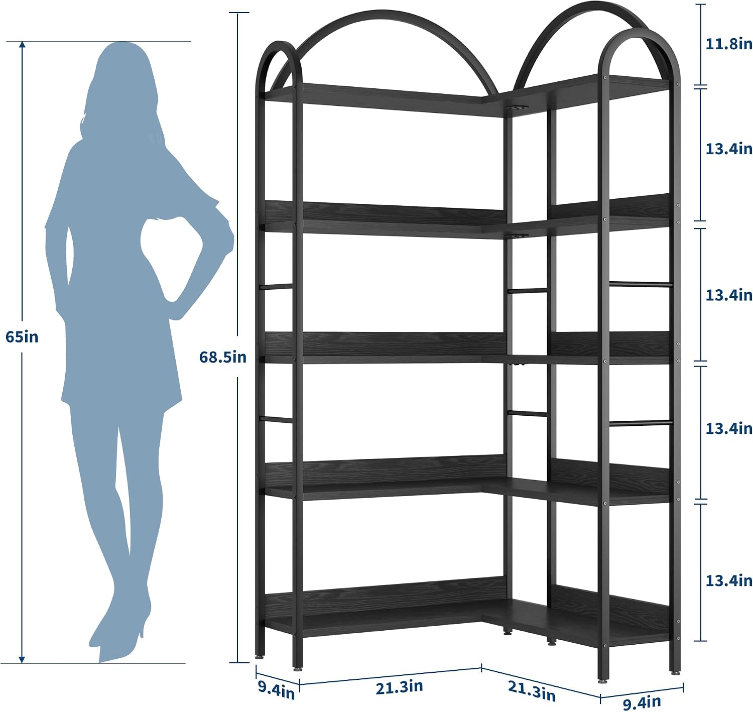 GarveeHome Arched Bookshelf Corner Bookcase, L Shaped Bookshelf Industrial Corner Bookshelves, Large Bookcase with Metal Frame, Corner Shelf Arch Display Rack for Living Room Bedroom