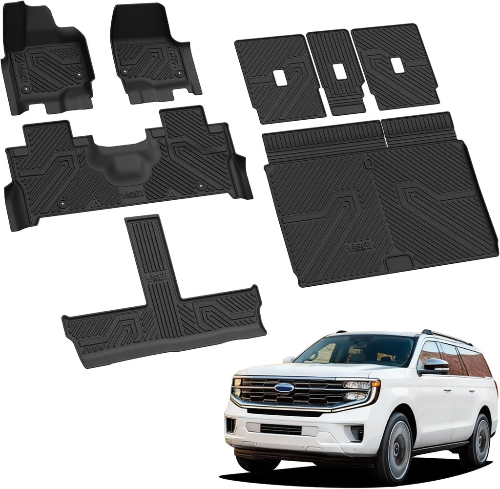 LASFIT Floor Mats&Cargo with Backrest Mats for 8 Seats 2025 2026 2027 Ford Expedition MAX, All Weather TPE Custom Fit for Car Liners, 1st& 2nd& 3rd, (Only Fit 3rd Row 40/20/40 Split Bench seat) 5pcs