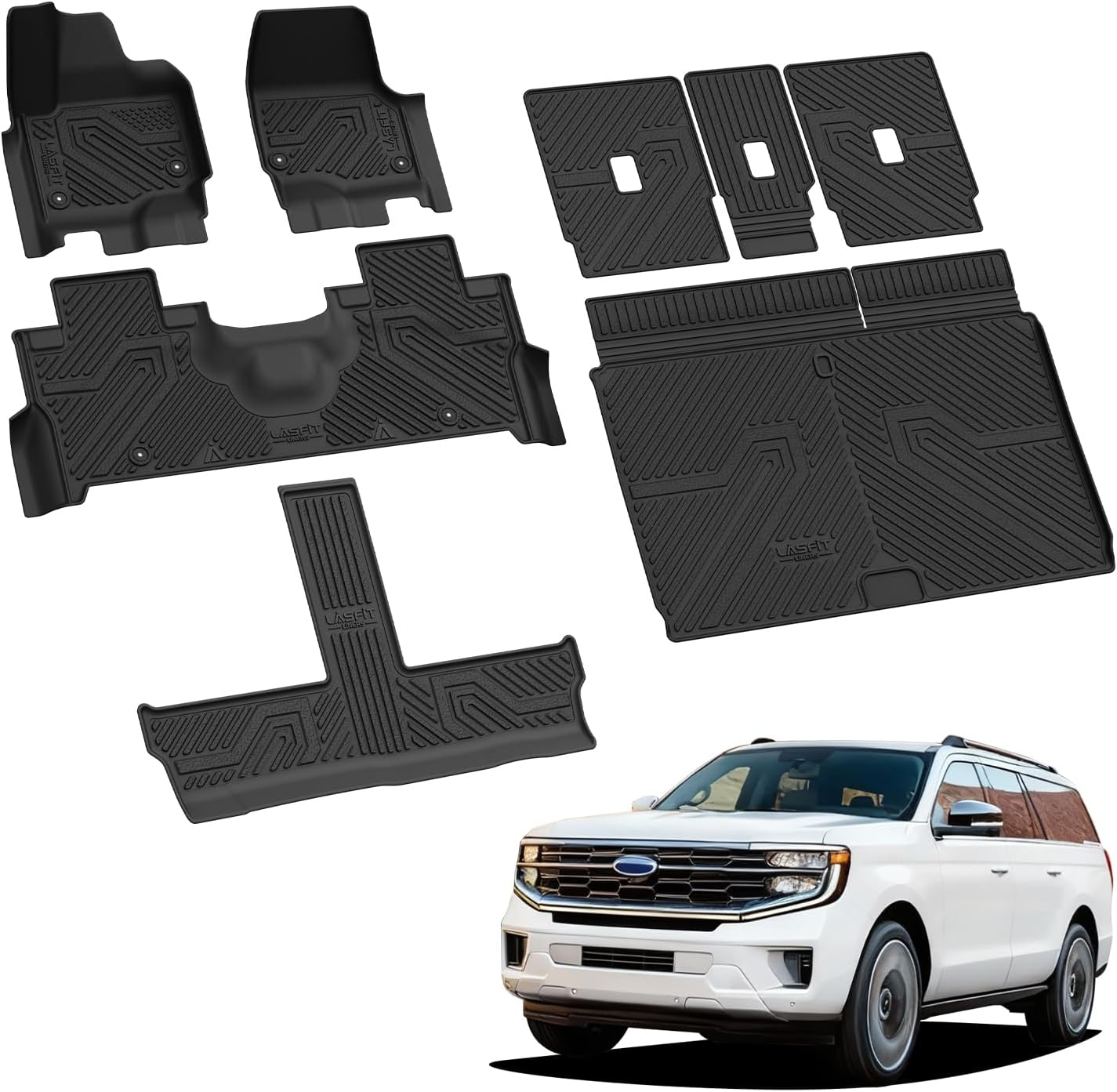 LASFIT Floor Mats&Cargo with Backrest Mats for 8 Seats 2025 2026 2027 Ford Expedition MAX, All Weather TPE Custom Fit for Car Liners, 1st& 2nd& 3rd, (Only Fit 3rd Row 40/20/40 Split Bench seat) 5pcs
