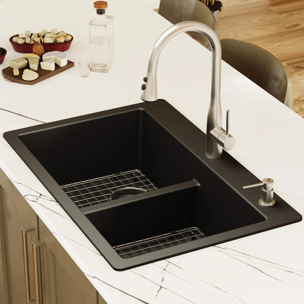 Karran QT-810 33' Top Mount Double Equal Bowl Quartz Kitchen Sink Kit in Black