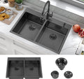 ATTOP 33 Inch Black Drop in Double Bowls Kitchen Sink,33x22 Inch Nano Black Handmade Stainless Steel Double Drop in Kitchen Sink
