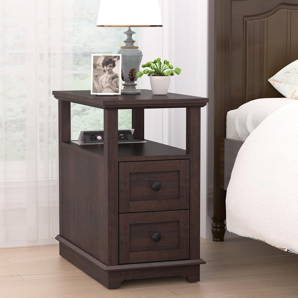 HIFYOBRO Narrow End Table with Flip Top Charging Station Set of 2, Side Table with 2 Drawers, Type-C & USB Port & Power outlets, Wooden Storage Cabinet for Living Room and Bedroom