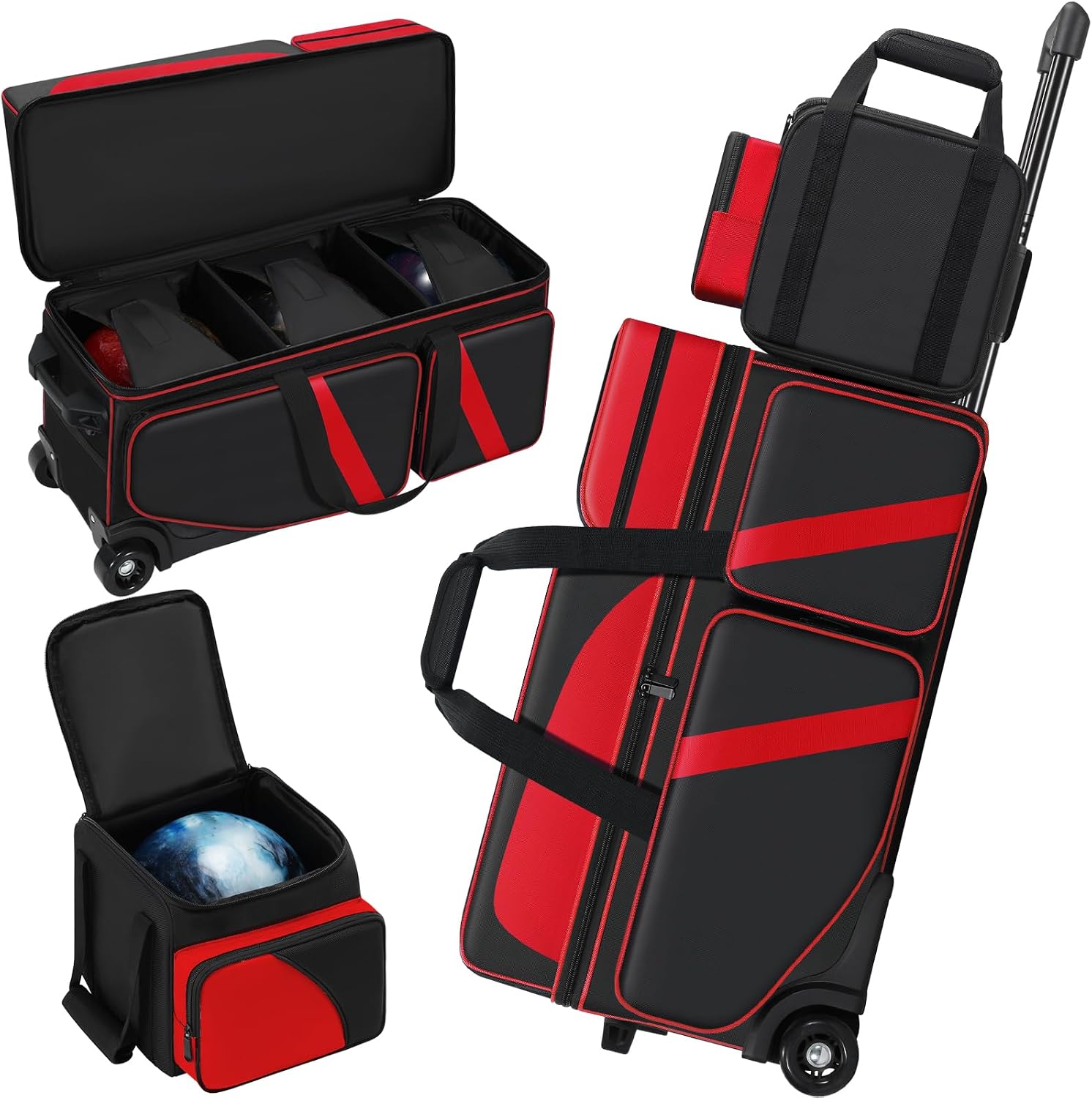 4 Ball Bowling Bag with Wheels, Bowling Bag 4 Ball Roller with Multi-pocket & Shoe Compartment & Retractable Handle, 3 Ball Roller Bag + 1 Ball Color Matching Add On Tote
