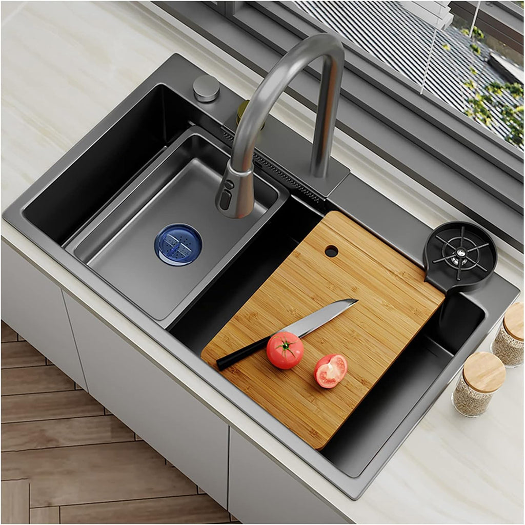 304 Stainless Steel Kitchen Sink Multi-Function Bar Sink Single Bowl Rv Sink with Faucet and Cup Washer Drop in Or Under Mount (Color : Grey, Size : 68x45x22cm) (Gun Grey 68x45x22cm)