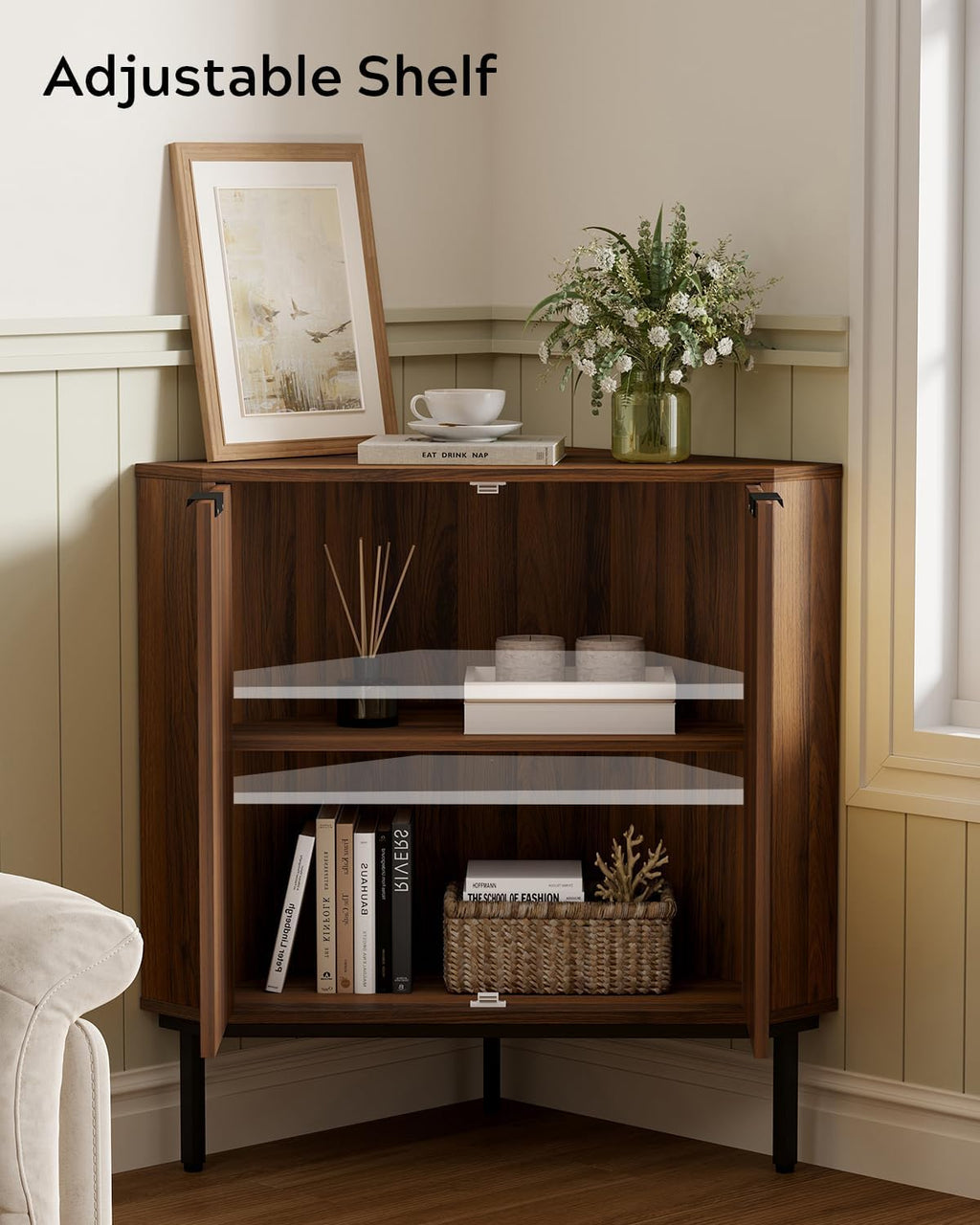 Fluted Corner Cabinet, Modern Small Floor Storage Cabinet with Adjustable Shelf, Wood Freestanding Narrow Organizer for Living Room Kitchen, Brown