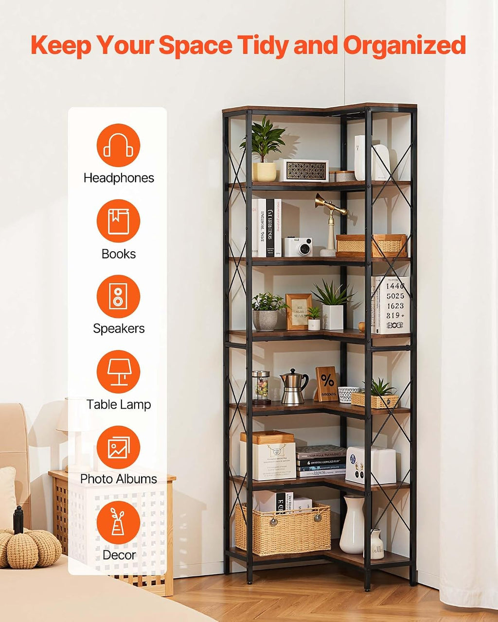 VEVOR 7 Tier Corner Bookshelf, 79' Tall Corner Bookcase with Heavy Duty Metal Frame & Wooden Shelves, Industrial Reversible L Shaped Corner Display Shelf for Bedroom, Living Room, Office