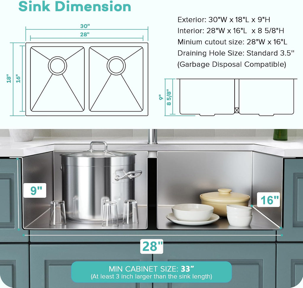 Rhbamoa 30 Inch Undermount Double Sink,16-Gauge T304 Stainless Steel Kitchen Sink 30'' x 18'',50/50 Double Bowl Kitchen Sinks Undermount with Accessories,9 Inch Deep Sinks with Brushed Finish