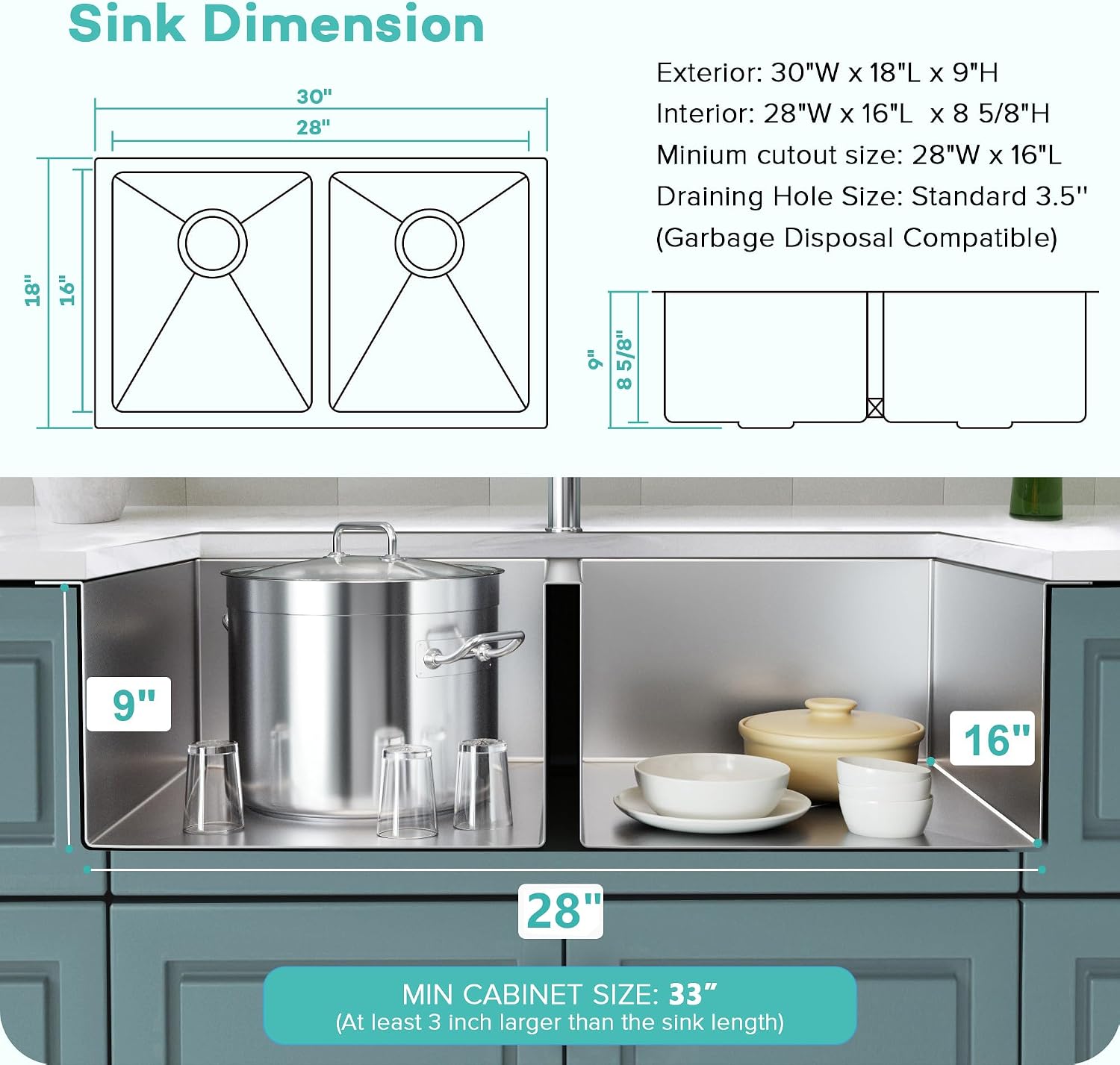 Rhbamoa 30 Inch Undermount Double Sink,16-Gauge T304 Stainless Steel Kitchen Sink 30'' x 18'',50/50 Double Bowl Kitchen Sinks Undermount with Accessories,9 Inch Deep Sinks with Brushed Finish