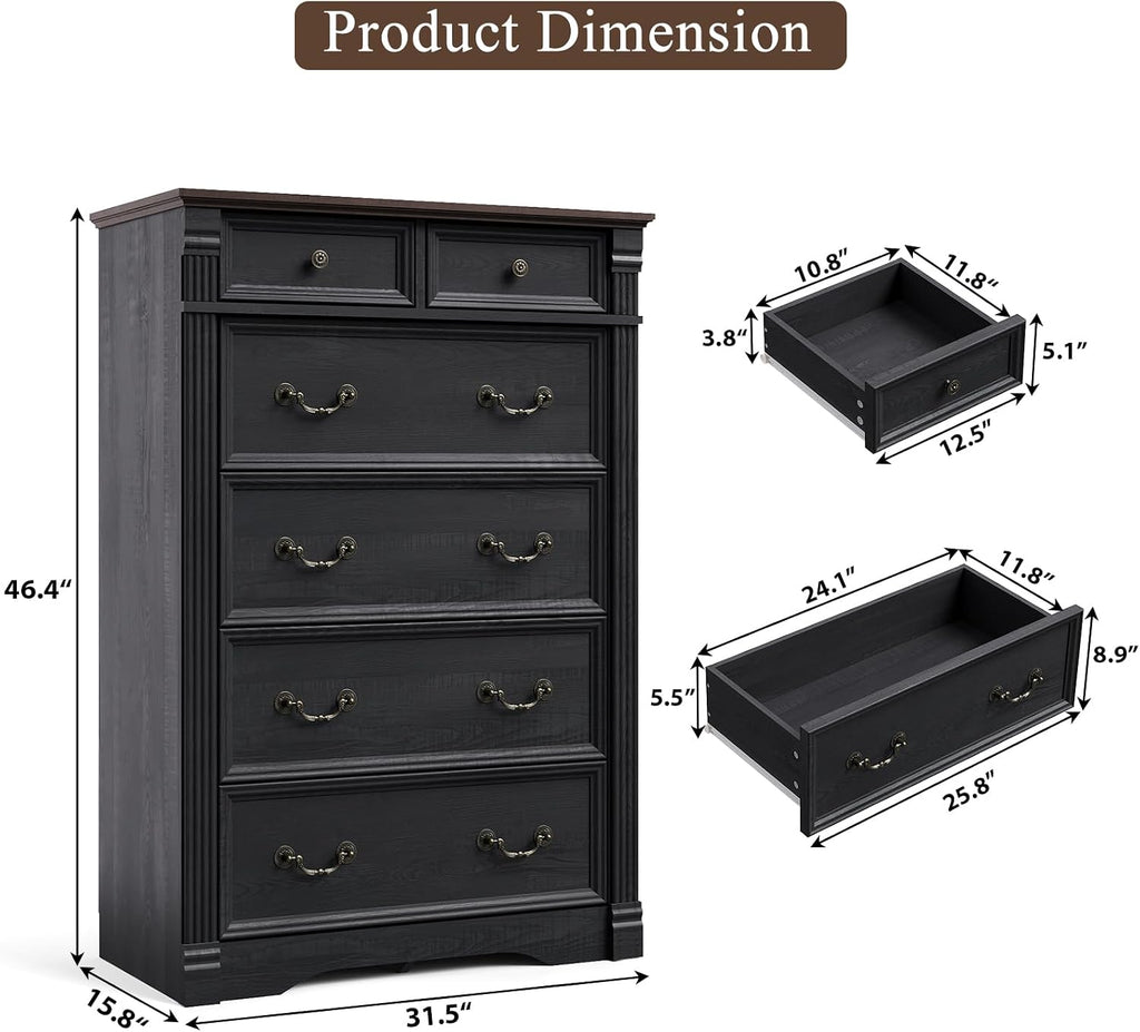 Black Dresser for Bedroom, 47' Tall Dresser for Bedroom, Wood Rustic Chest of Drawers with Chic Wood Pilasters, Farmhouse Dressers Organizer for Bedroom, Hallway