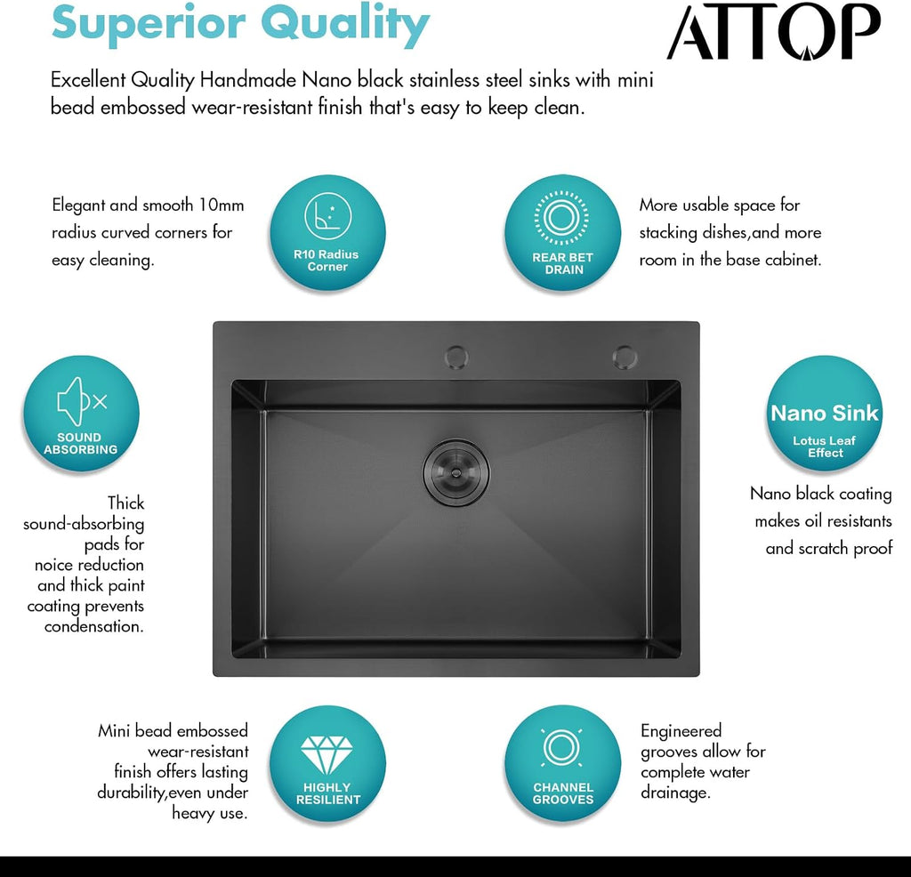 ATTOP 30 Inch Black Drop in Stainless Steel Kitchen Sink Large Single Bowl,30x22 Nano Black Handmade Single Bowl Drop in Kitchen Sink