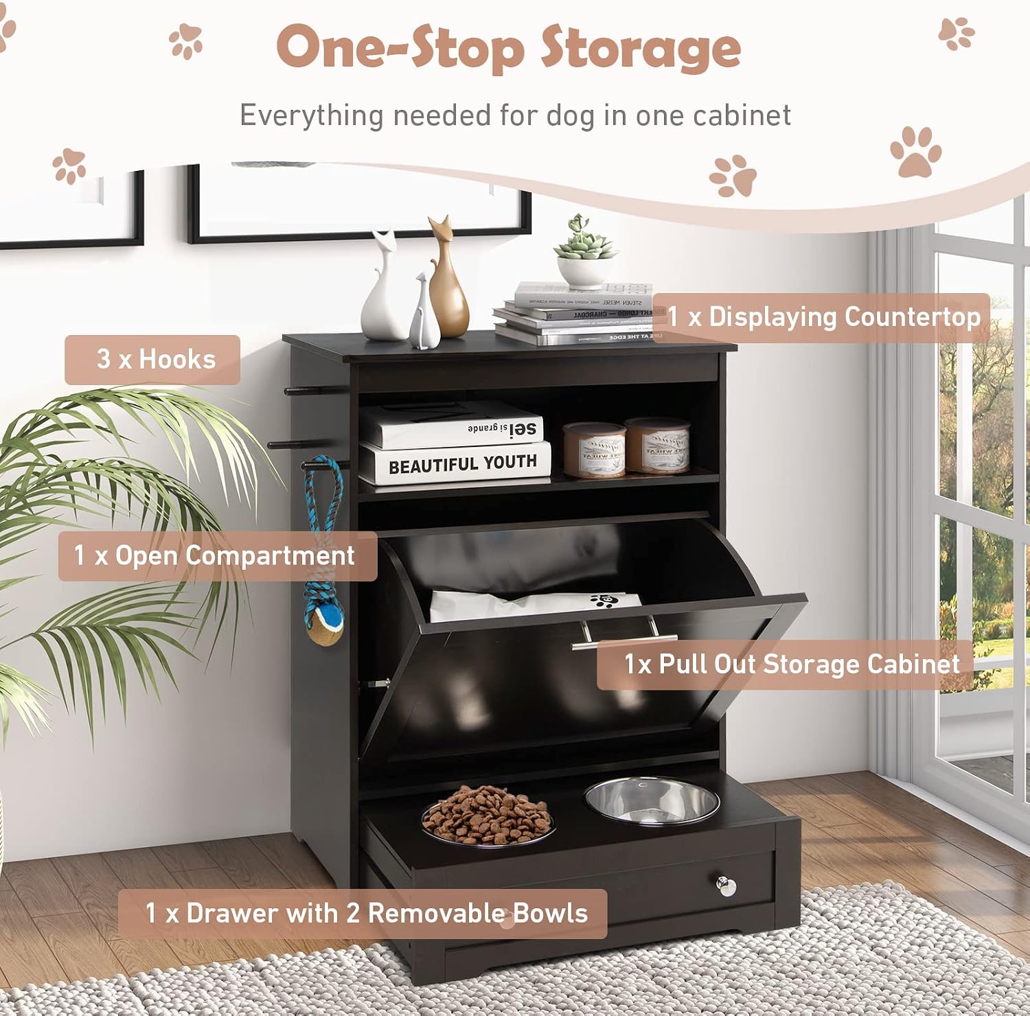 Dog Food Cabinet Feeding Station with 2 Raised Bowls, Pull Out Elevated Dog Bowl, Storage, 3 Hangers, Pet Feeder Toy Leashes Organizer, Brown
