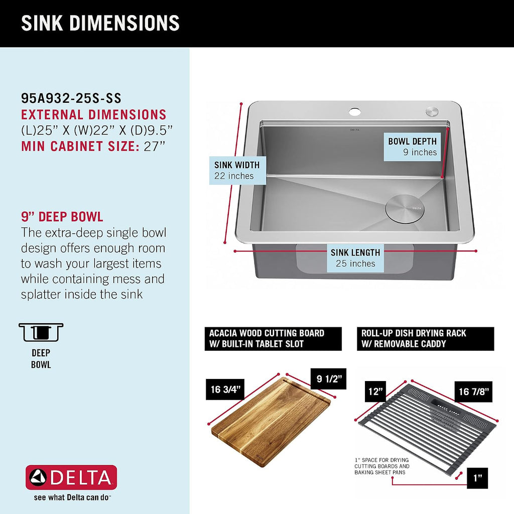 DELTA FAUCET 95A932-25S-SS Lorelai Workstation Kitchen Sink Drop-in Top Mount Stainless Steel Single Bowl with WorkFlow Ledge and Chef's Kit of 5 Accessories