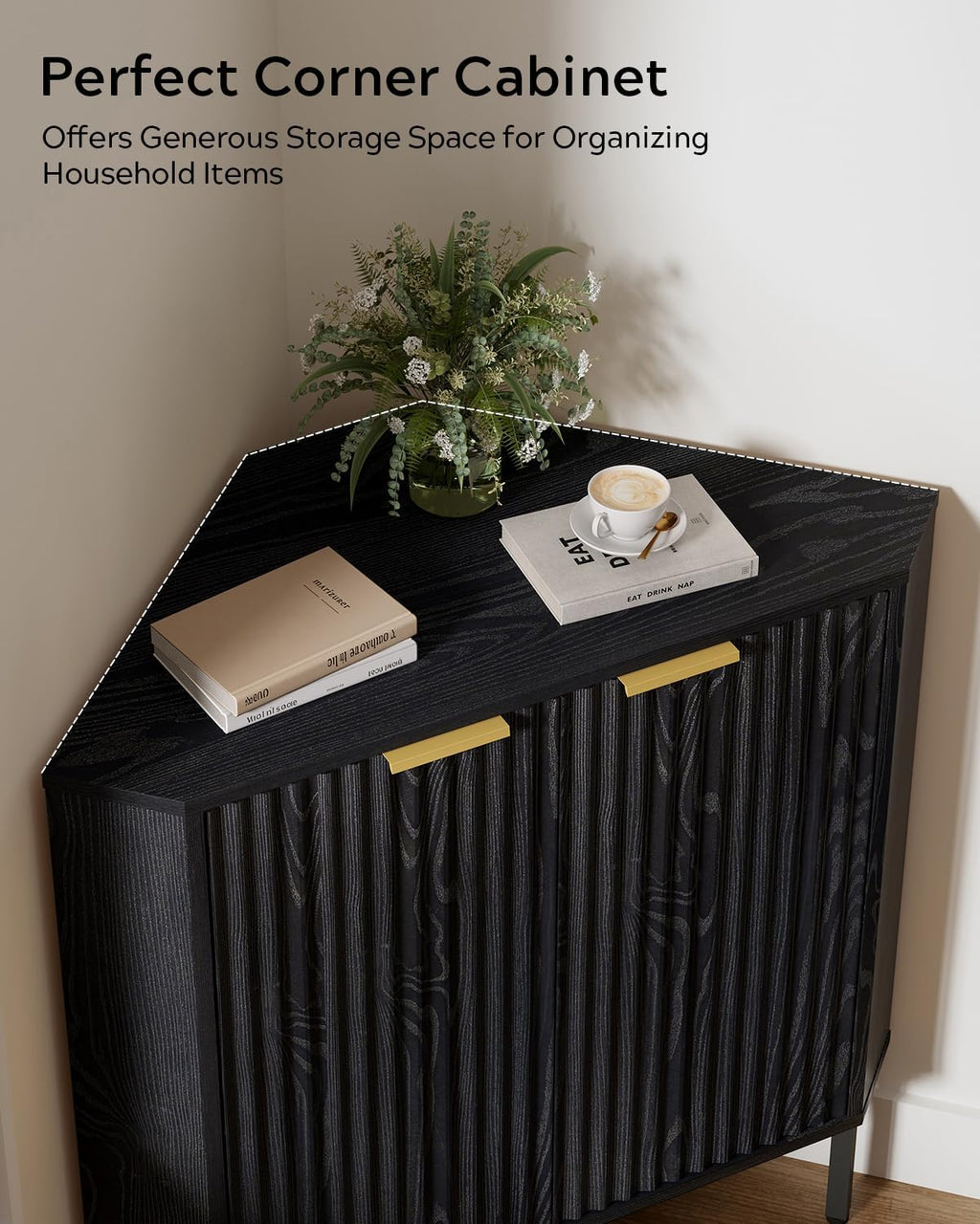 Modern Fluted Corner Cabinet, Small Floor Storage Cabinet with Adjustable Shelf & Metal Legs, Wooden Freestanding Narrow Organizer for Living Room Kitchen, Black