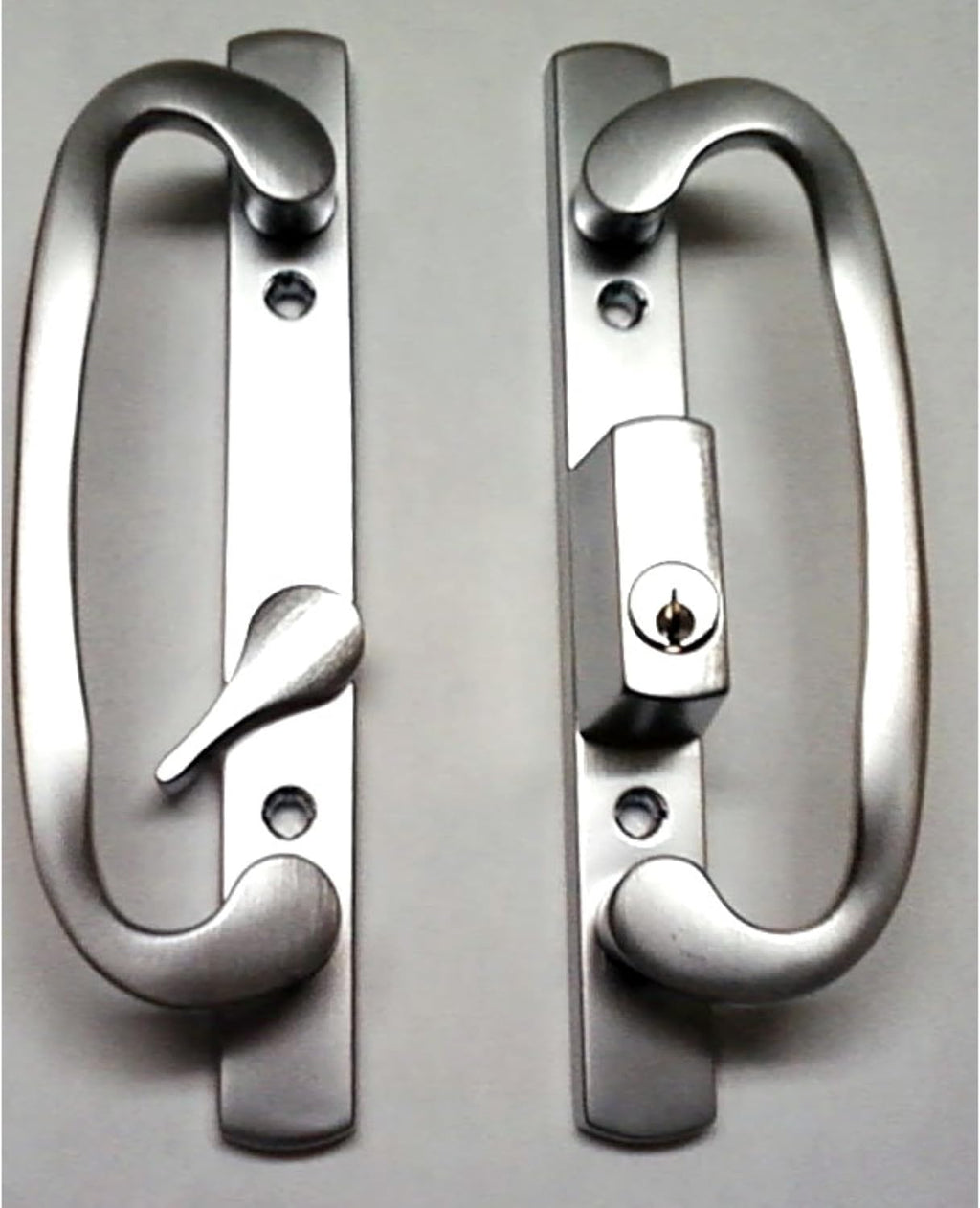 8.5' Legacy Sliding Patio Glass Door Offset Latch Chrome Grey Handle Set with Keys - Sash Controls 2265 Keyed Lock - Fits 3-15/16' Screw Hole Spacing and 1-1/4' to 2-1/4' Door Thickness