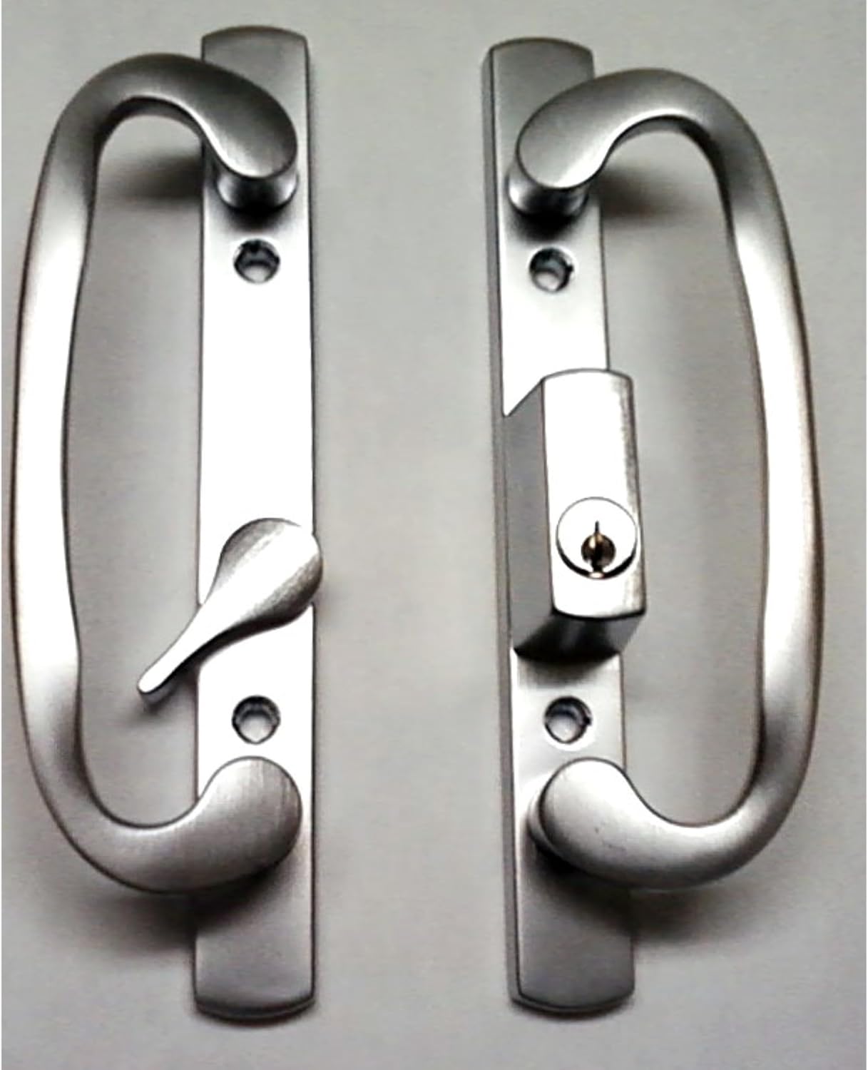 8.5' Legacy Sliding Patio Glass Door Offset Latch Chrome Grey Handle Set with Keys - Sash Controls 2265 Keyed Lock - Fits 3-15/16' Screw Hole Spacing and 1-1/4' to 2-1/4' Door Thickness