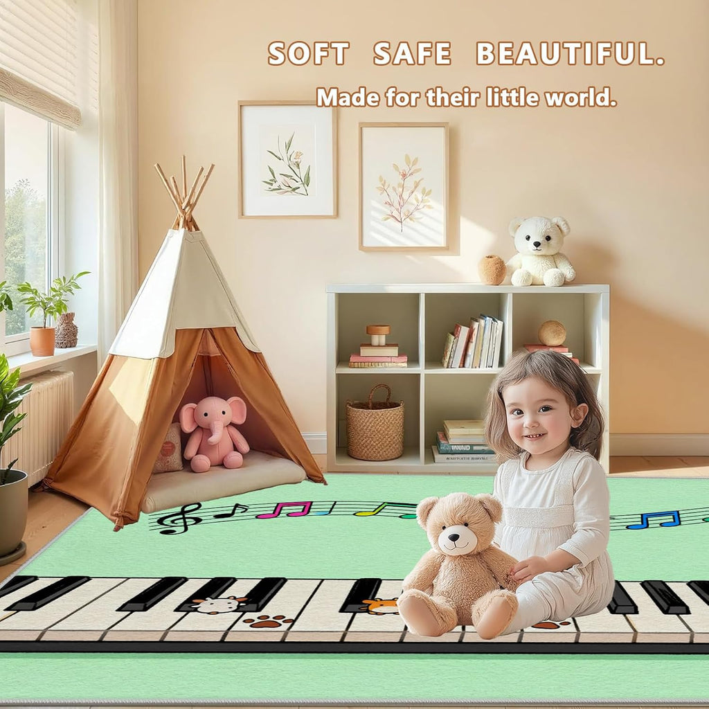 Music Note Kids Rugs 5x7 for Playroom Classroom Nursery Preschool, Piano Keys Sheet Music Area Rug for Girls Boys Bedroom Room Decor, Cute Animal Paw Print Playing Carpet Non-Slip