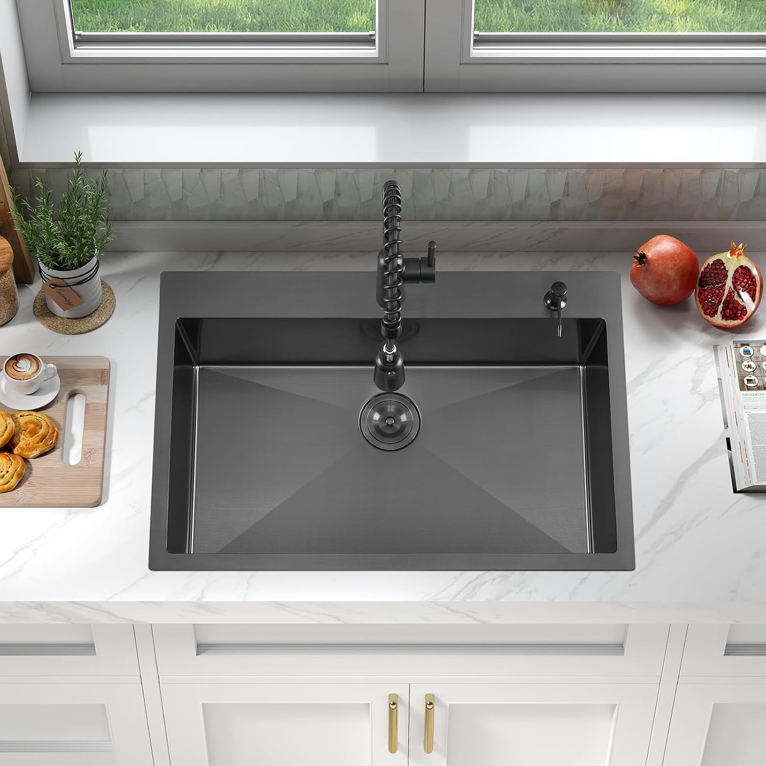 ATTOP 33 Inch Black Large Single Bowl Drop in Kitchen Sink,33x22 Inch Nano Black Stainless Steel Handmade Drop in Single Bowl Kitchen Sink