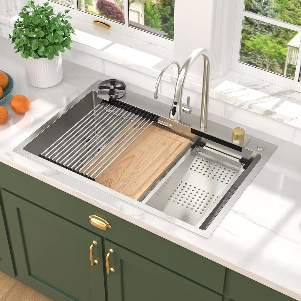 33x22 Drop In Stainless Steel Kitchen Sink with Faucet, Single Bowl Topmount Sink 16 Gauge, Waterfall Feature & Cup Washer, Workstation Accessories for Residential Kitchen #TLWF-0002