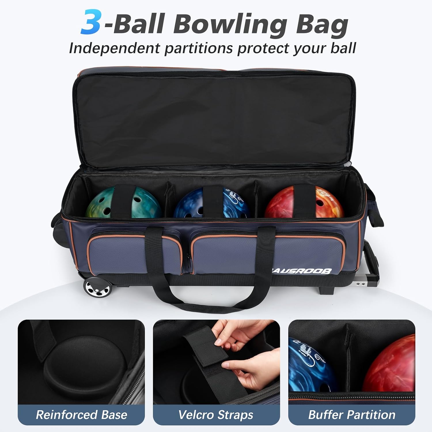 3 Ball Bowling Bags with Wheels, Bowling Bags 3 Ball Roller - 900D Oxford Waterproof PU, Bowling Bag with Multi-Separate Storage Pockets & Retractable Handle Extends to 40''
