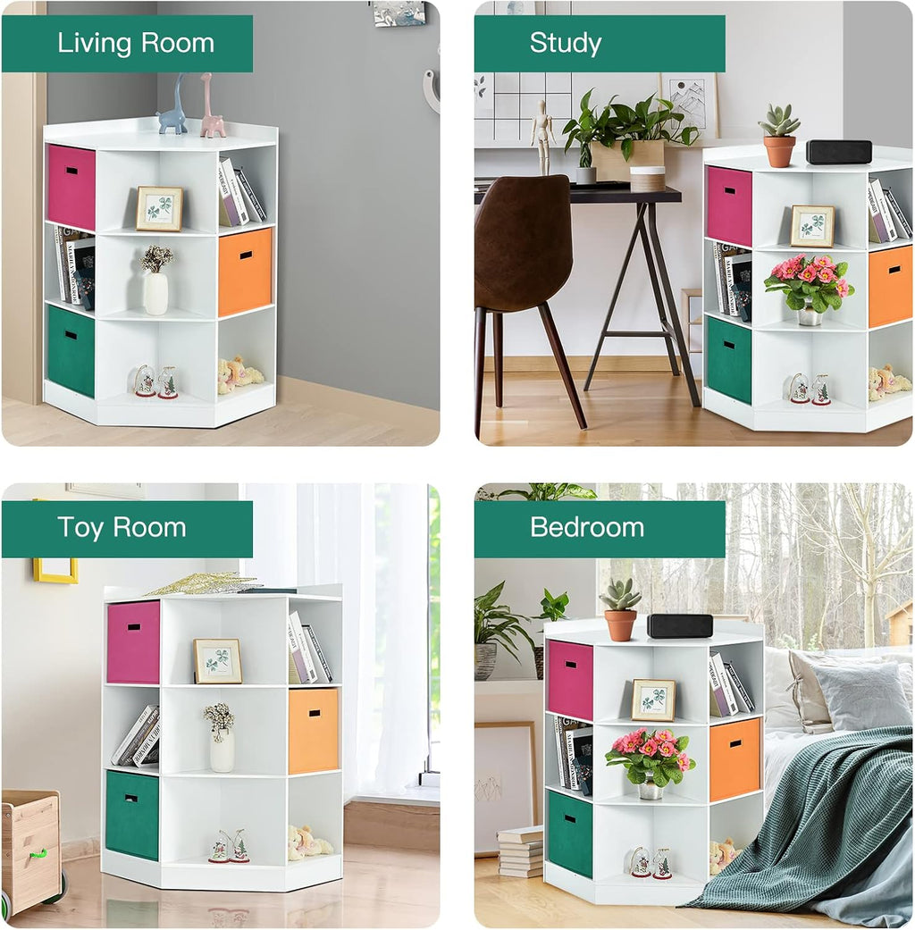 Costzon 9-Cubby Kids Bookcase with Large Storage Drawers, Children's Corner Cabinet with 6 Cubes and 3 Shelves, Wooden Storage Sideboard Suitable for Kids Room Playroom Classroom (White)