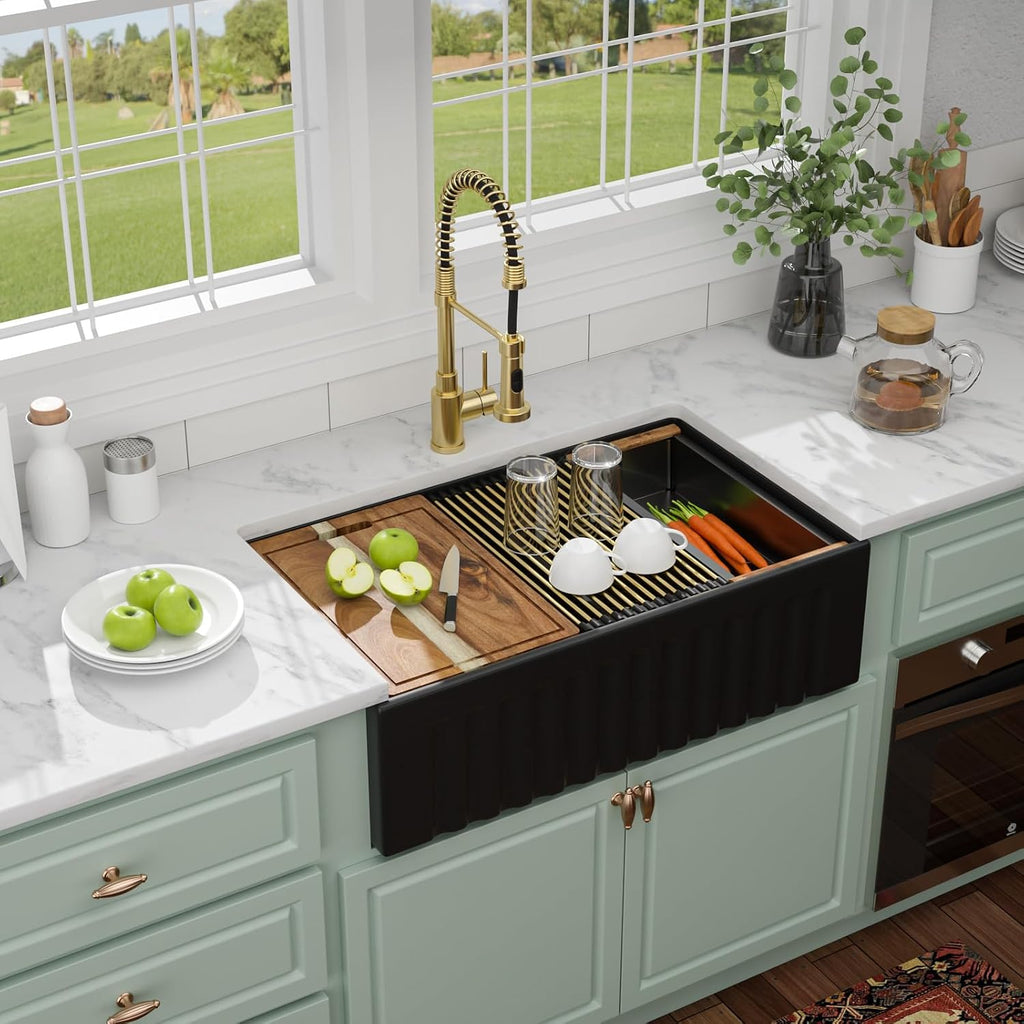 33 Inch Fireclay Kitchen Sink Apron Front Black Porcelain Ceramic Farmhouse Sinks Workstation, Double Bowl Farm Barn Sink, 33'x20'x10'